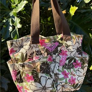 Roxy Floral Brown Tote Shoulder Bag Pink Logo Heart Canvas Y2K Beach Pockets